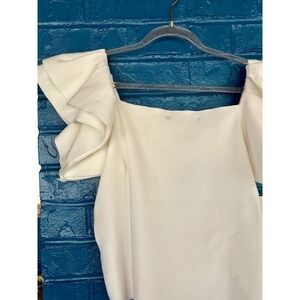 White Square Neck Top Ruffle‎ Sleeve Knit Blouse Modern Sleeveless